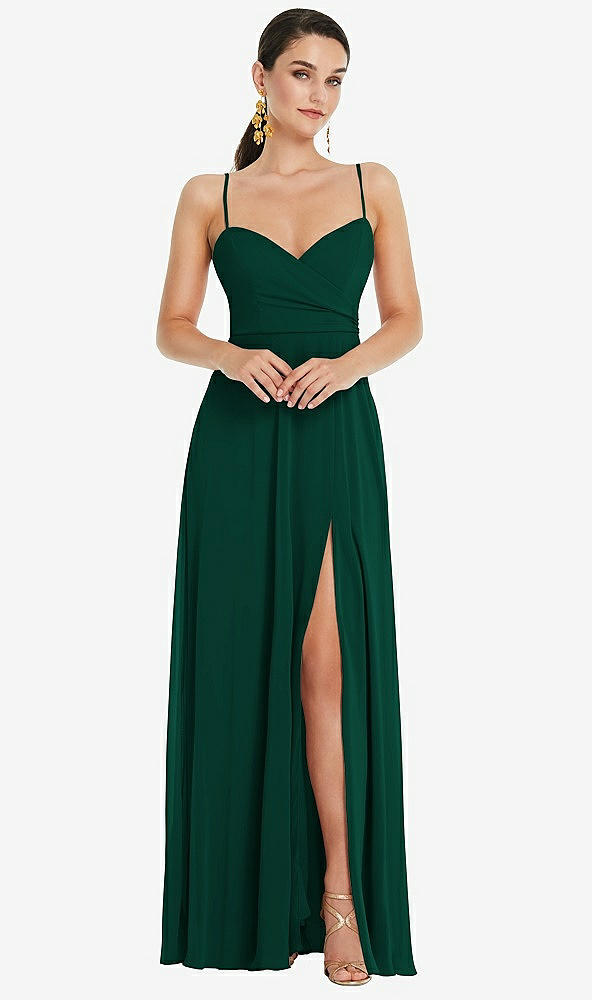 Front View - Hunter Green Adjustable Strap Wrap Bodice Maxi Dress with Front Slit