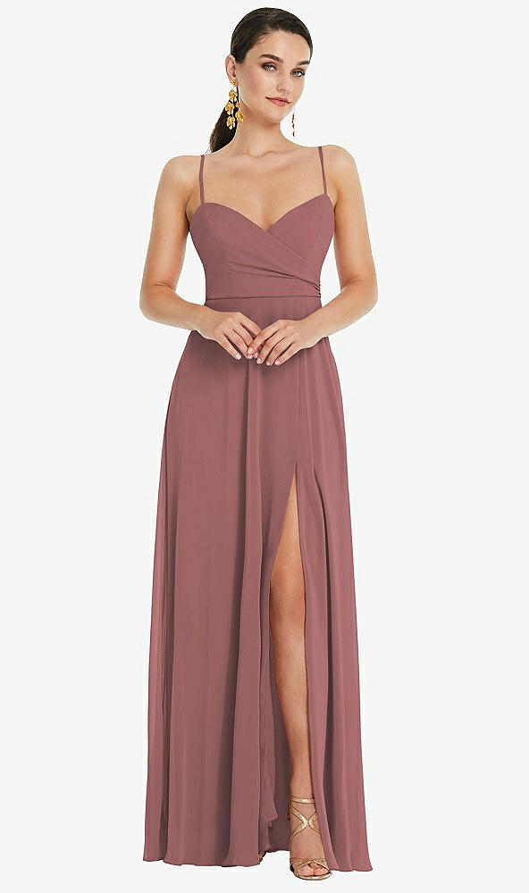 Front View - Rosewood Adjustable Strap Wrap Bodice Maxi Dress with Front Slit