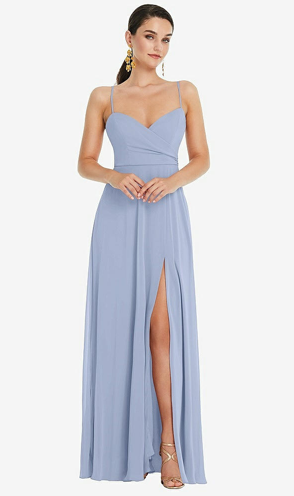Front View - Sky Blue Adjustable Strap Wrap Bodice Maxi Dress with Front Slit