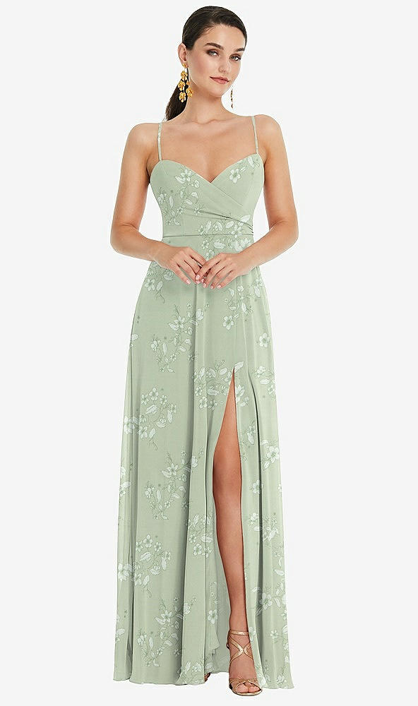 Front View - Vintage Primrose Sage Adjustable Strap Wrap Bodice Maxi Dress with Front Slit 