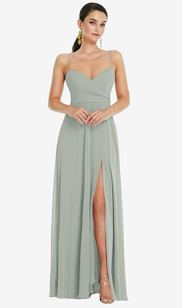 Front View - Willow Green Adjustable Strap Wrap Bodice Maxi Dress with Front Slit
