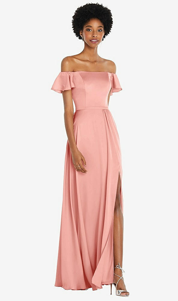 Front View - Rose Straight-Neck Ruffled Off-the-Shoulder Satin Maxi Dress