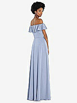 Rear View Thumbnail - Sky Blue Straight-Neck Ruffled Off-the-Shoulder Satin Maxi Dress