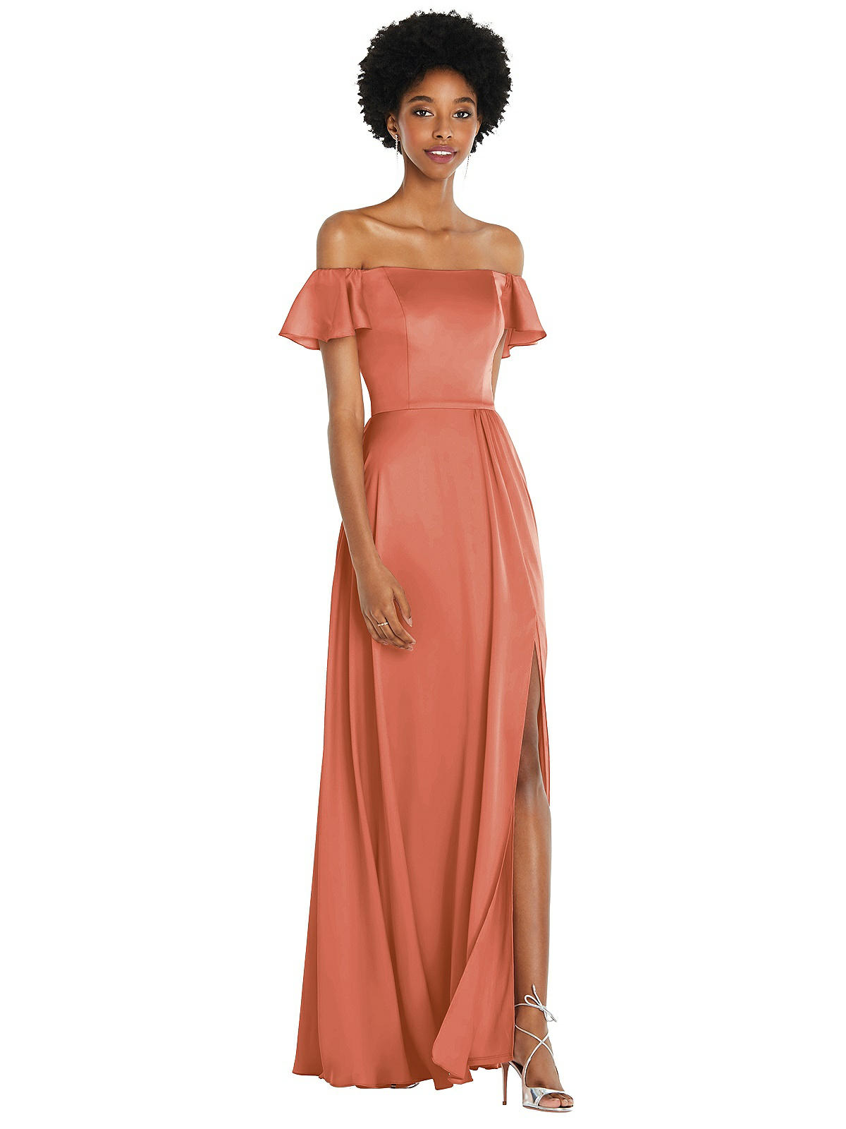 Straight-neck Ruffled Off-the-shoulder Satin Maxi Bridesmaid Dress