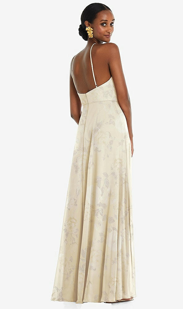Back View - Butter Yellow Floral Diamond Halter Maxi Dress with Adjustable Straps