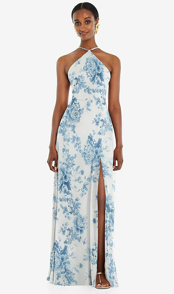 Front View - Cottage Rose Dusk Blue Diamond Halter Maxi Dress with Adjustable Straps