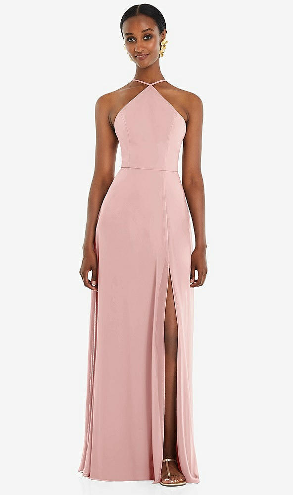 Front View - Rose Diamond Halter Maxi Dress with Adjustable Straps