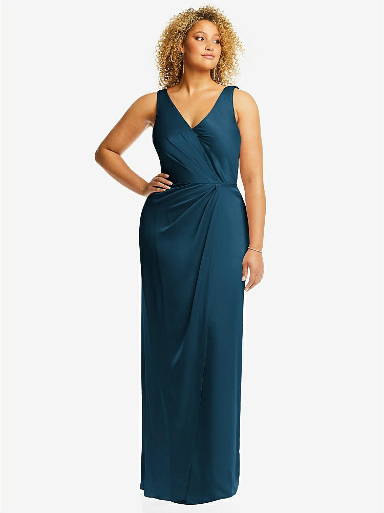 Shirred Shoulder Criss Cross Back Maxi Bridesmaid Dress With Front
