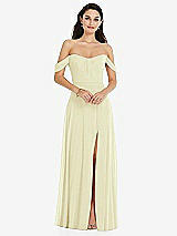 Front View Thumbnail - Butter Yellow Off-the-Shoulder Draped Sleeve Maxi Dress with Front Slit