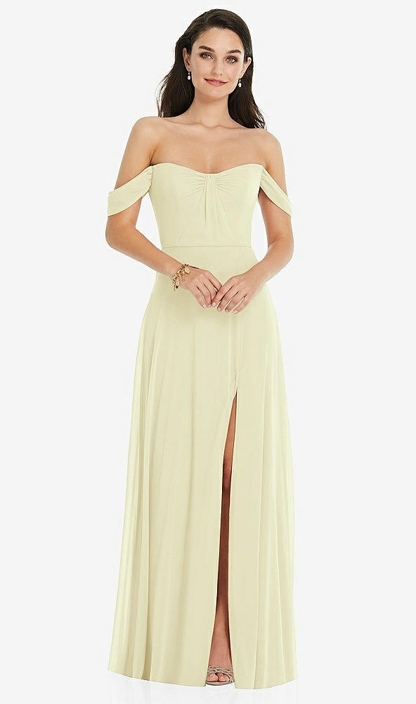Front View - Butter Yellow Off-the-Shoulder Draped Sleeve Maxi Dress with Front Slit