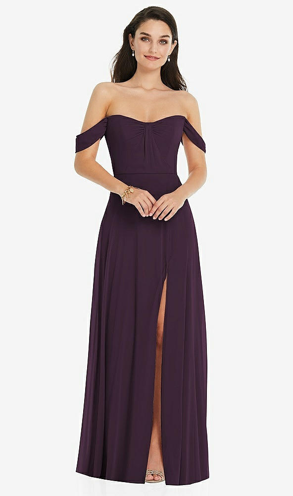 Front View - Aubergine Off-the-Shoulder Draped Sleeve Maxi Dress with Front Slit