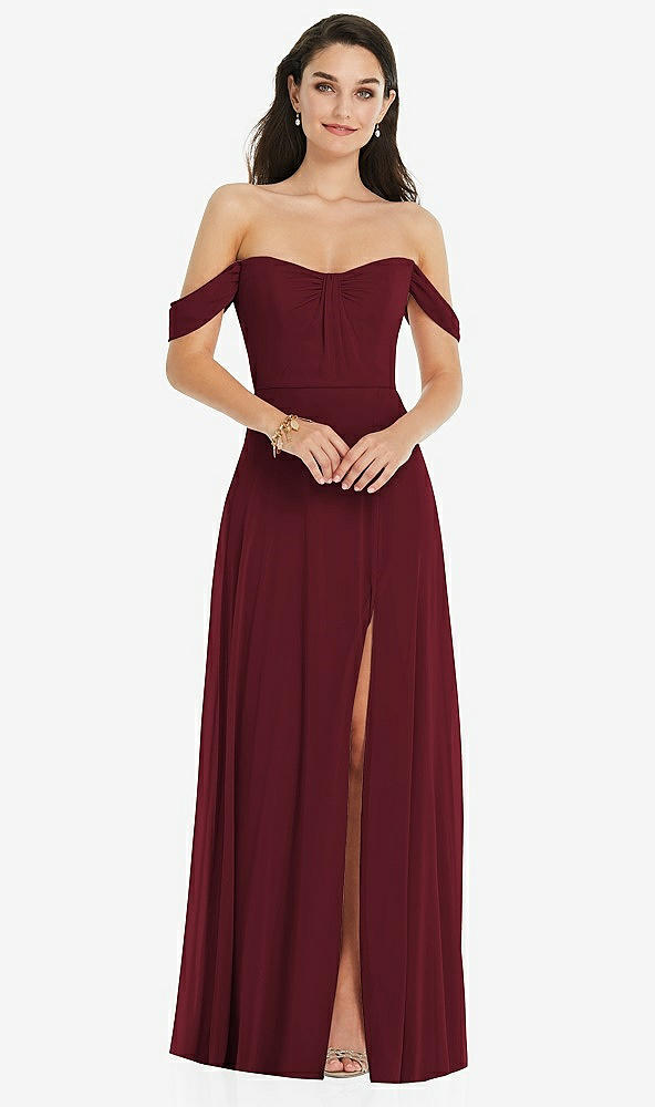 Front View - Cabernet Off-the-Shoulder Draped Sleeve Maxi Dress with Front Slit