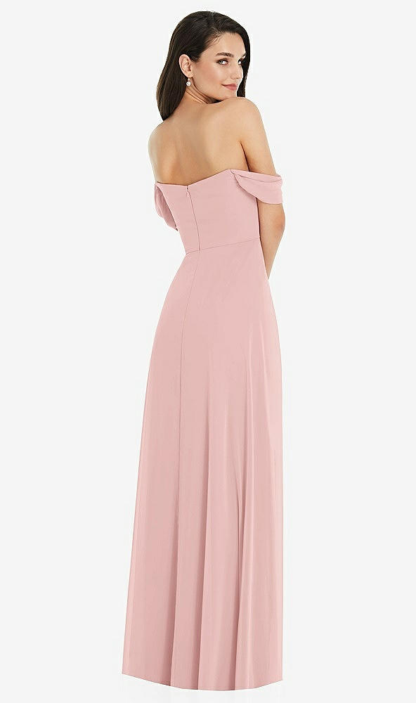 Back View - Rose Off-the-Shoulder Draped Sleeve Maxi Dress with Front Slit