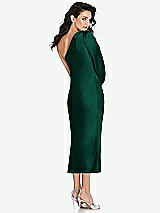 Rear View Thumbnail - Hunter Green One-Shoulder Puff Sleeve Midi Bias Dress with Side Slit