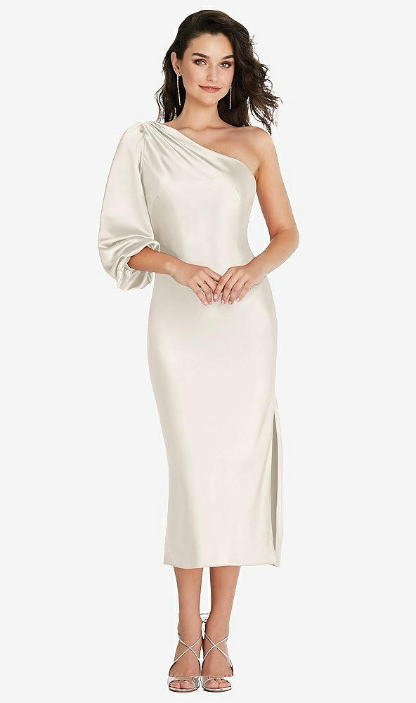 Front View - Ivory One-Shoulder Puff Sleeve Midi Bias Dress with Side Slit