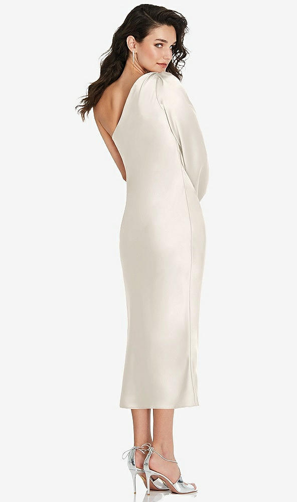 Back View - Ivory One-Shoulder Puff Sleeve Midi Bias Dress with Side Slit