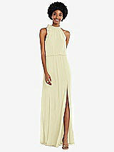 Front View Thumbnail - Butter Yellow Scarf Tie High Neck Blouson Bodice Maxi Dress with Front Slit