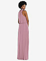 Rear View Thumbnail - Dusty Pink Scarf Tie High Neck Blouson Bodice Maxi Dress with Front Slit