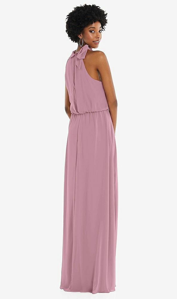 Back View - Dusty Pink Scarf Tie High Neck Blouson Bodice Maxi Dress with Front Slit