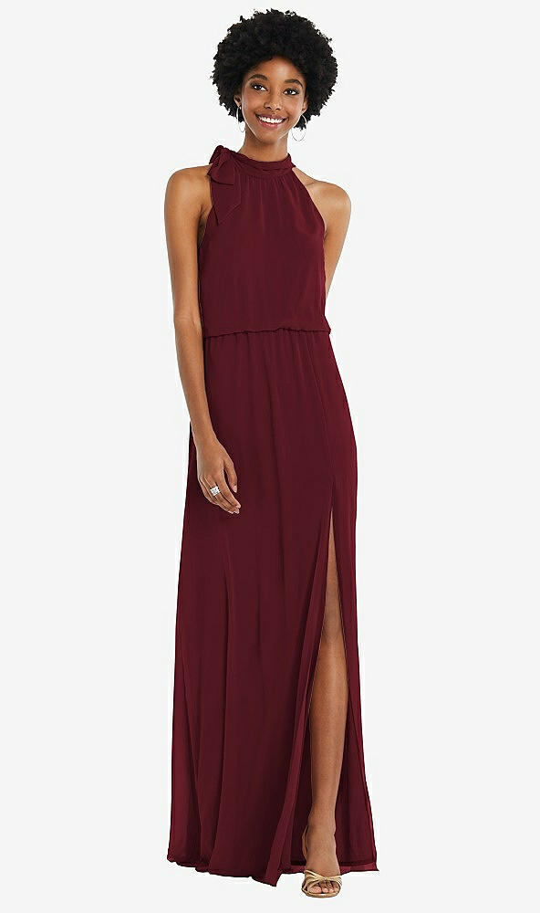 Front View - Cabernet Scarf Tie High Neck Blouson Bodice Maxi Dress with Front Slit