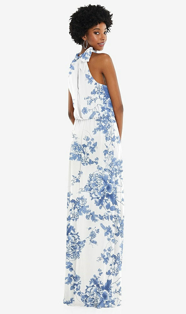 Back View - Cottage Rose Dusk Blue Scarf Tie High Neck Blouson Bodice Maxi Dress with Front Slit