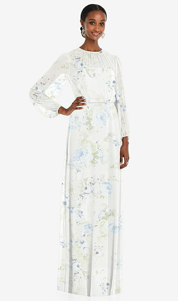 Front View - Bleu Garden Strapless Chiffon Maxi Dress with Puff Sleeve Blouson Overlay