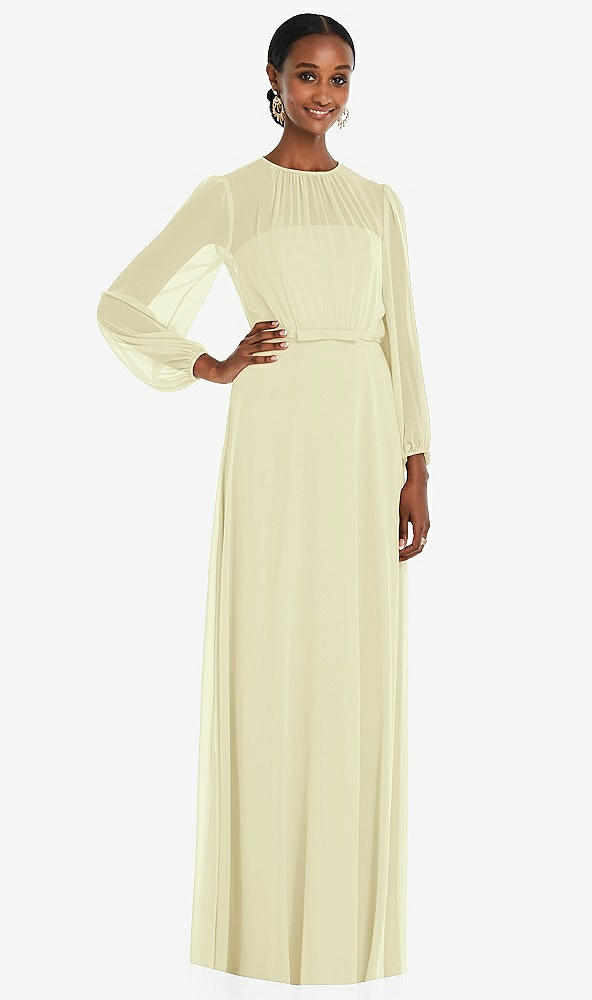 Front View - Butter Yellow Strapless Chiffon Maxi Dress with Puff Sleeve Blouson Overlay