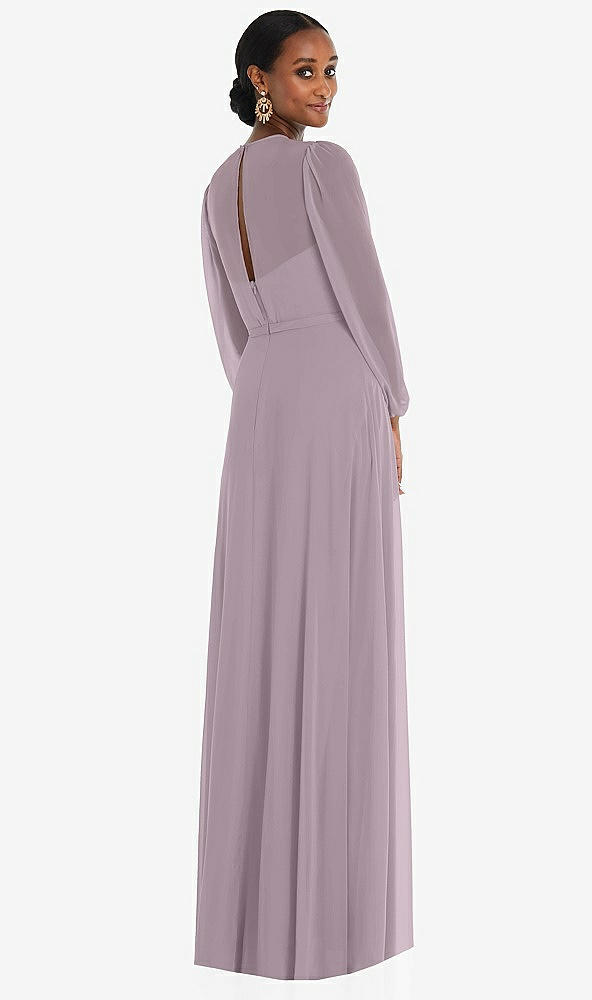 Back View - Lilac Dusk Strapless Chiffon Maxi Dress with Puff Sleeve Blouson Overlay