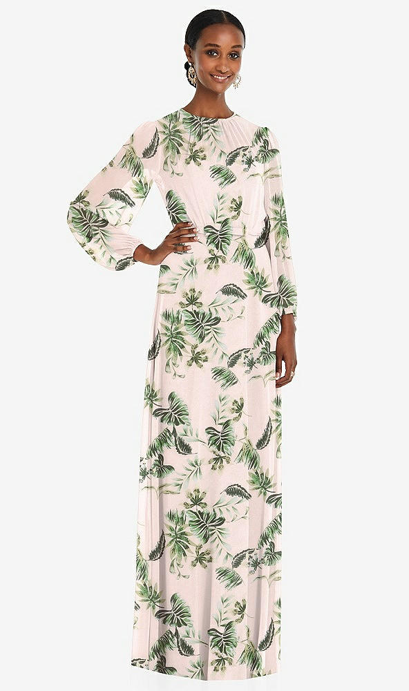 Front View - Palm Beach Print Strapless Chiffon Maxi Dress with Puff Sleeve Blouson Overlay