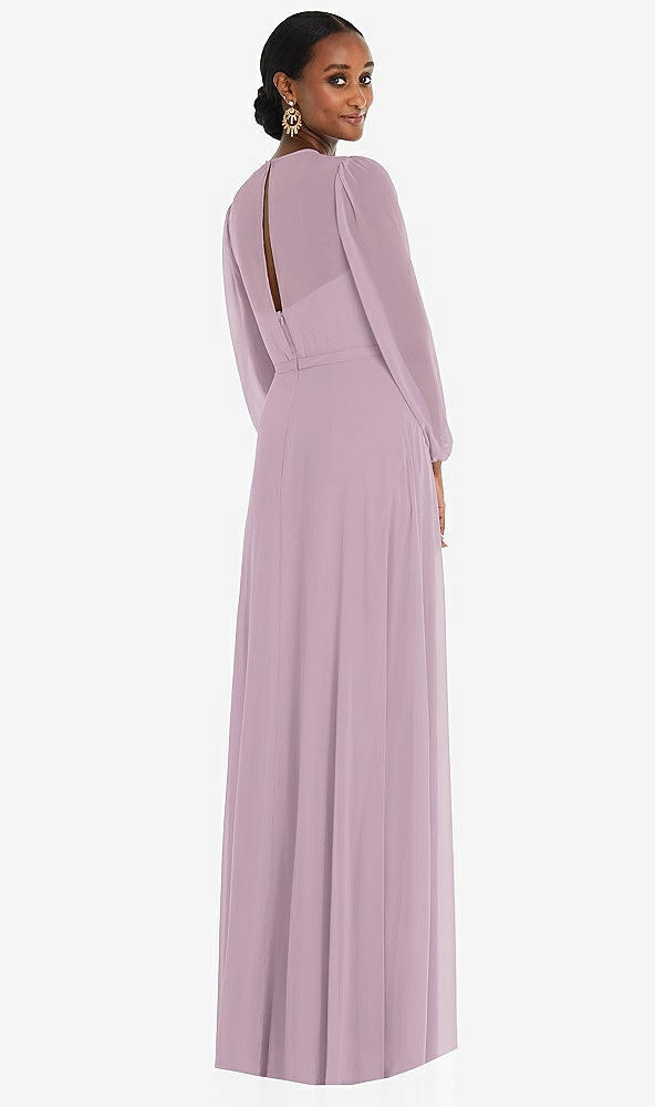 Back View - Suede Rose Strapless Chiffon Maxi Dress with Puff Sleeve Blouson Overlay