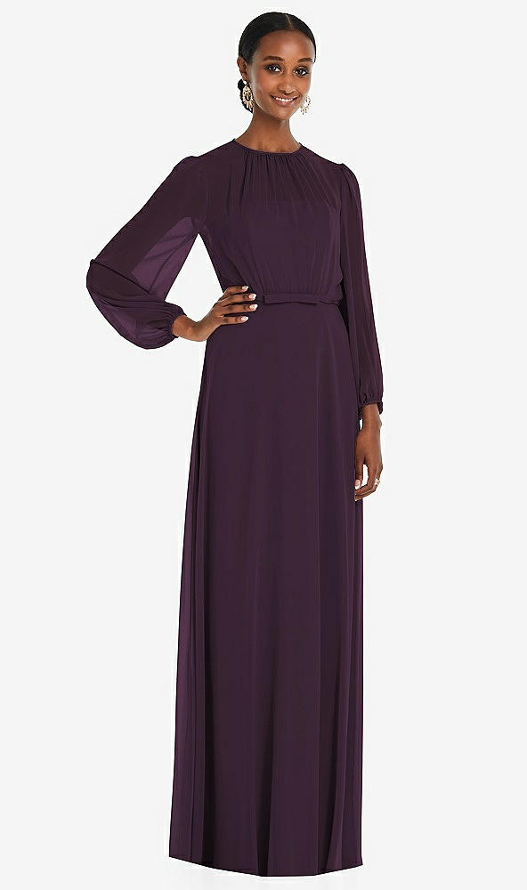 Front View - Aubergine Strapless Chiffon Maxi Dress with Puff Sleeve Blouson Overlay