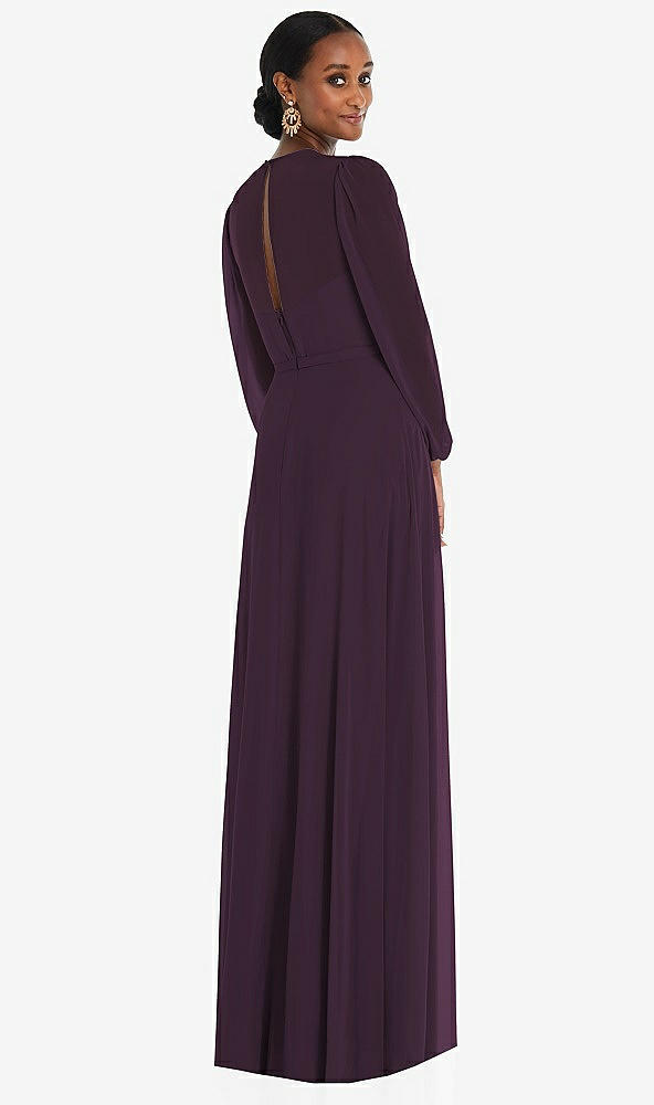 Back View - Aubergine Strapless Chiffon Maxi Dress with Puff Sleeve Blouson Overlay