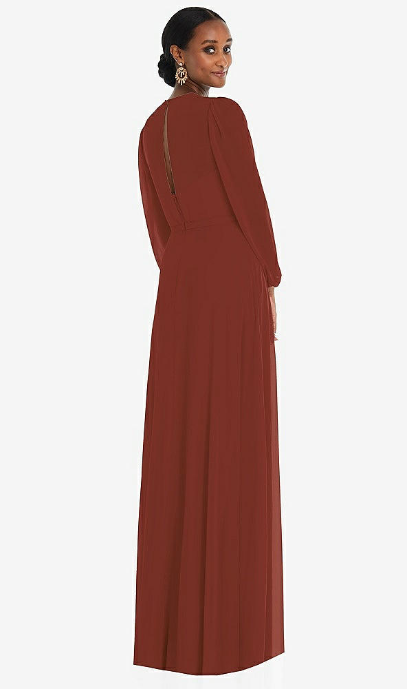 Back View - Auburn Moon Strapless Chiffon Maxi Dress with Puff Sleeve Blouson Overlay
