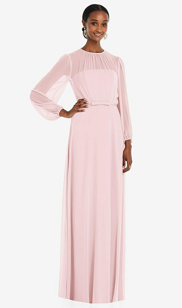 Front View - Ballet Pink Strapless Chiffon Maxi Dress with Puff Sleeve Blouson Overlay