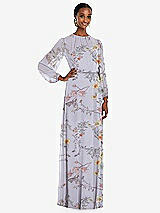 Front View Thumbnail - Butterfly Botanica Silver Dove Strapless Chiffon Maxi Dress with Puff Sleeve Blouson Overlay