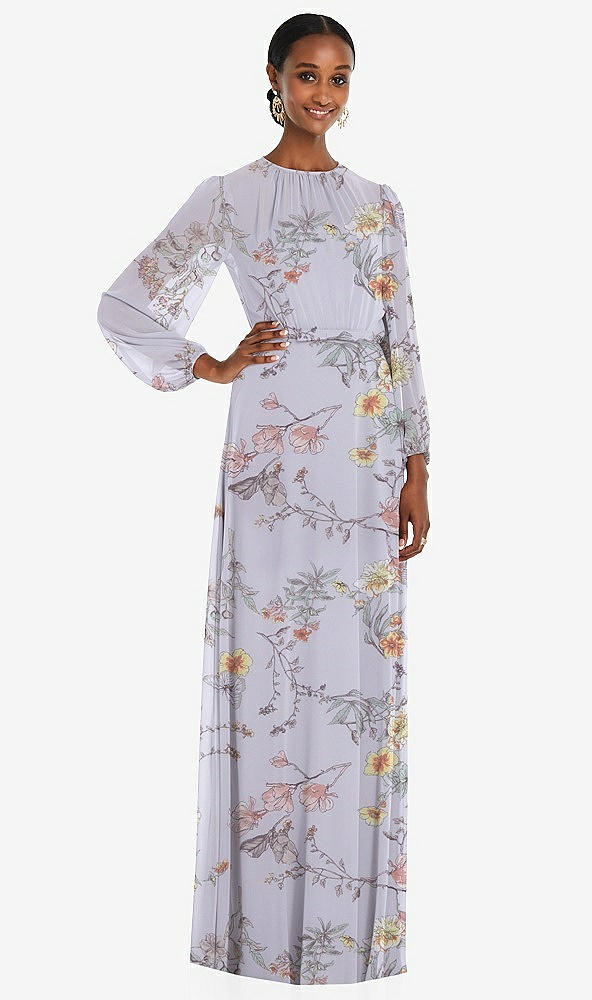 Front View - Butterfly Botanica Silver Dove Strapless Chiffon Maxi Dress with Puff Sleeve Blouson Overlay