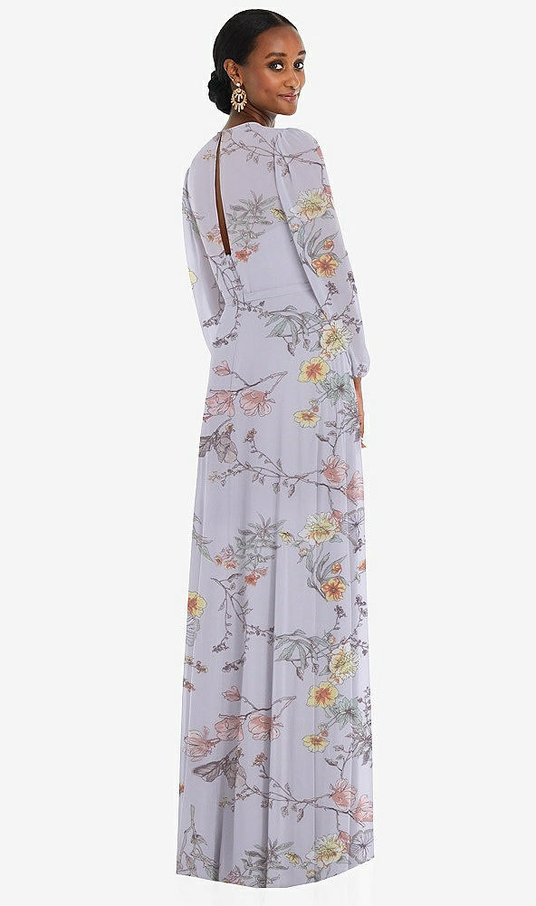 Back View - Butterfly Botanica Silver Dove Strapless Chiffon Maxi Dress with Puff Sleeve Blouson Overlay