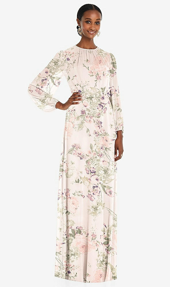 Front View - Blush Garden Strapless Chiffon Maxi Dress with Puff Sleeve Blouson Overlay