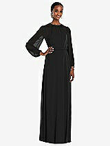 Front View Thumbnail - Black Strapless Chiffon Maxi Dress with Puff Sleeve Blouson Overlay