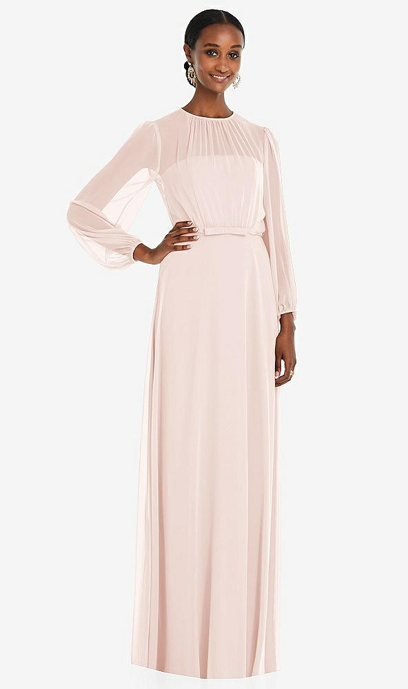 Front View - Blush Strapless Chiffon Maxi Dress with Puff Sleeve Blouson Overlay