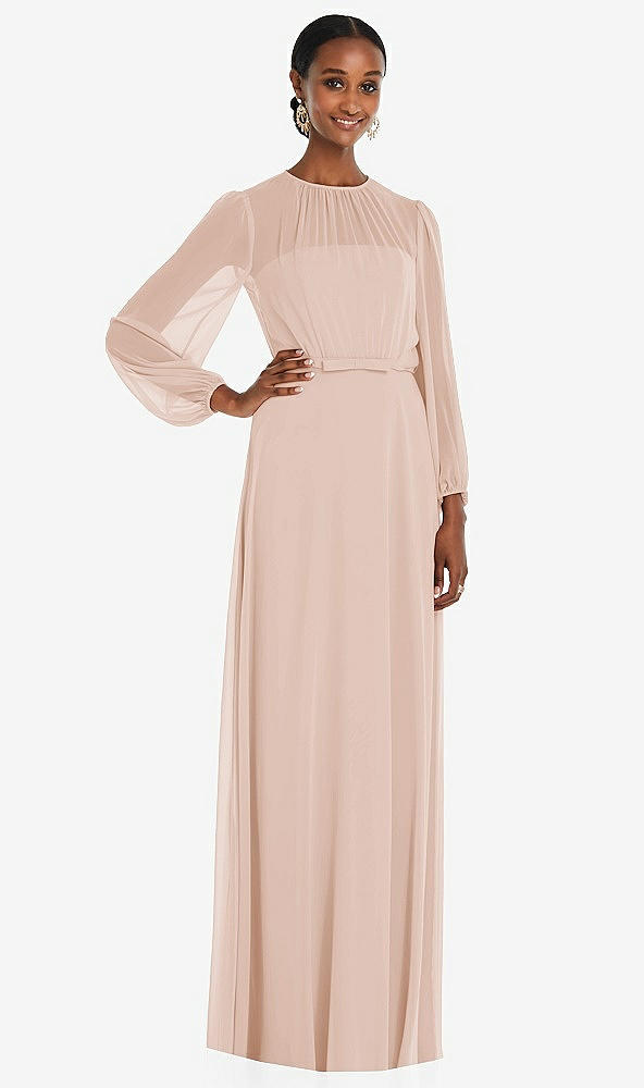 Front View - Cameo Strapless Chiffon Maxi Dress with Puff Sleeve Blouson Overlay