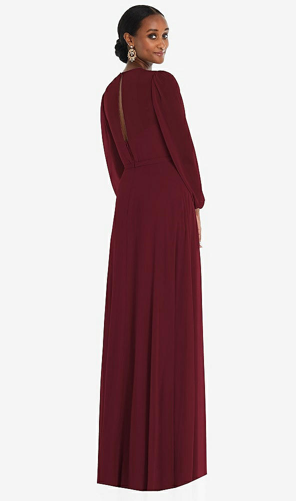 Back View - Cabernet Strapless Chiffon Maxi Dress with Puff Sleeve Blouson Overlay 