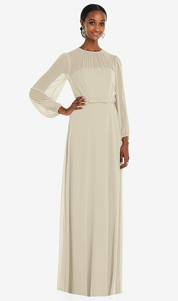 Front View - Champagne Strapless Chiffon Maxi Dress with Puff Sleeve Blouson Overlay