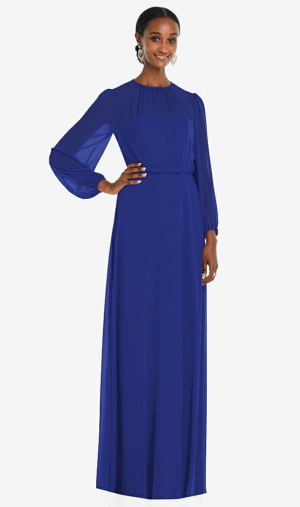 Front View - Cobalt Blue Strapless Chiffon Maxi Dress with Puff Sleeve Blouson Overlay