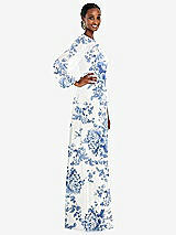 Side View Thumbnail - Cottage Rose Dusk Blue Strapless Chiffon Maxi Dress with Puff Sleeve Blouson Overlay