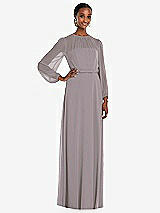Front View Thumbnail - Cashmere Gray Strapless Chiffon Maxi Dress with Puff Sleeve Blouson Overlay