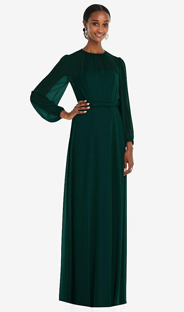 Front View - Evergreen Strapless Chiffon Maxi Dress with Puff Sleeve Blouson Overlay
