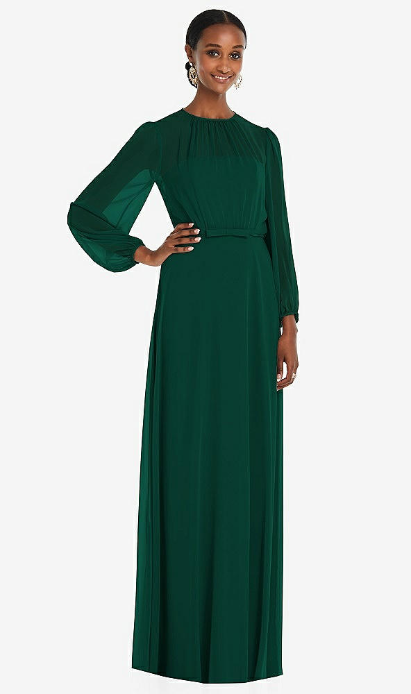 Front View - Hunter Green Strapless Chiffon Maxi Dress with Puff Sleeve Blouson Overlay