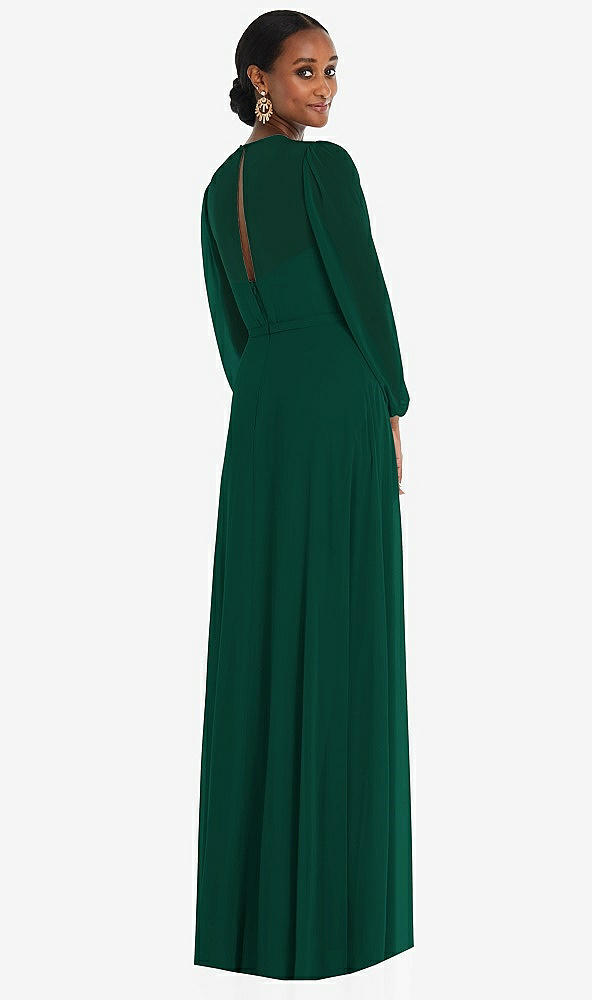 Back View - Hunter Green Strapless Chiffon Maxi Dress with Puff Sleeve Blouson Overlay