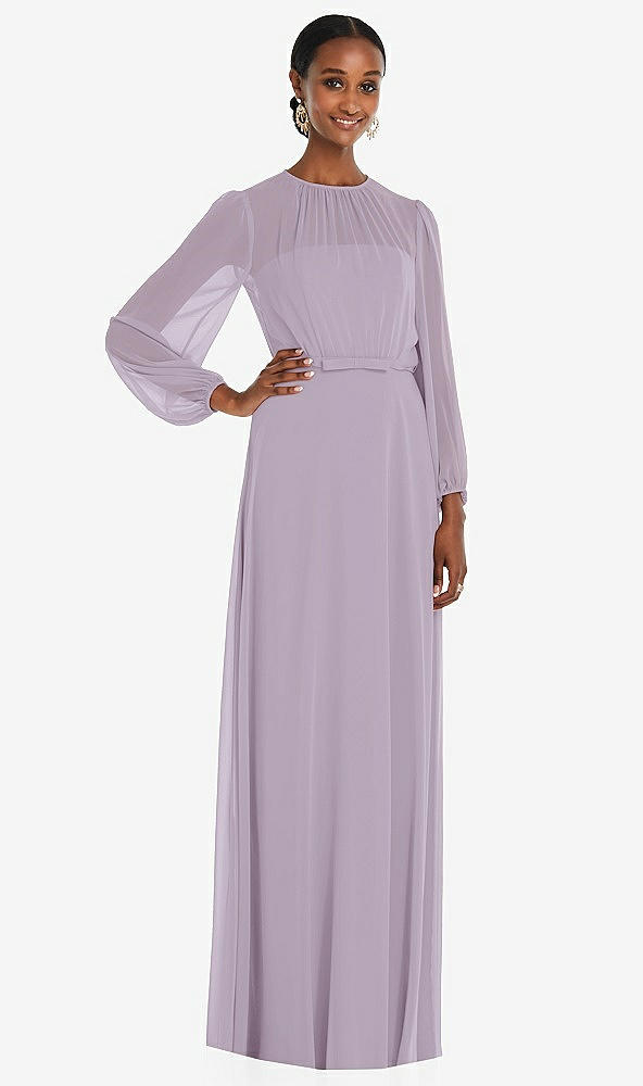 Front View - Lilac Haze Strapless Chiffon Maxi Dress with Puff Sleeve Blouson Overlay